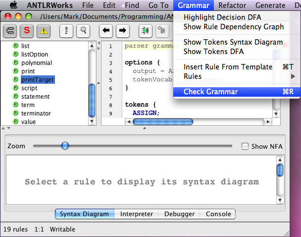 ANTLRWorks check grammar request