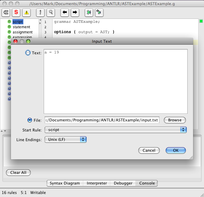 ANTLRWorks debugger input